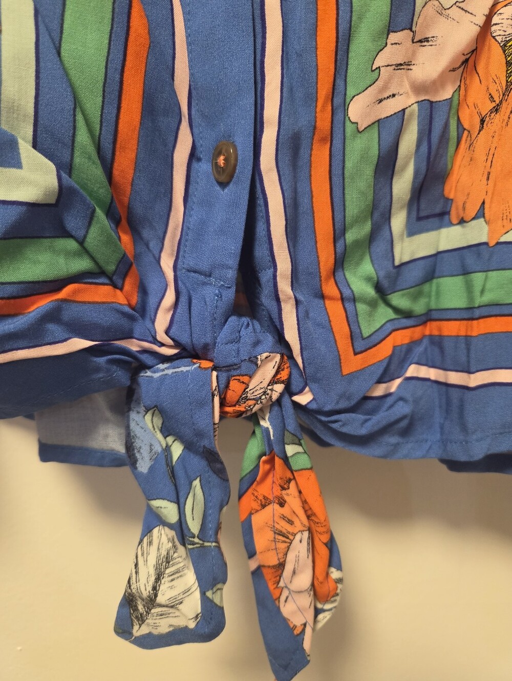 ANTHROPOLOGIE MAEVE Elan Scarf Print Blue Floral Tie-Front Blouse Size 14 - Picture 8 of 13